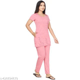 Printed polycotton nightsuit, round neck, half sleeves for women and girls. Soft, loose-fitted, and perfect length for leggings or jeans. Made in India." (123 characters)