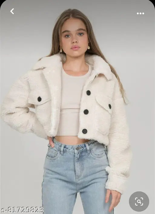 White wool teddy jacket, long sleeves, solid pattern, cropped fit (XXS-L sizes available)