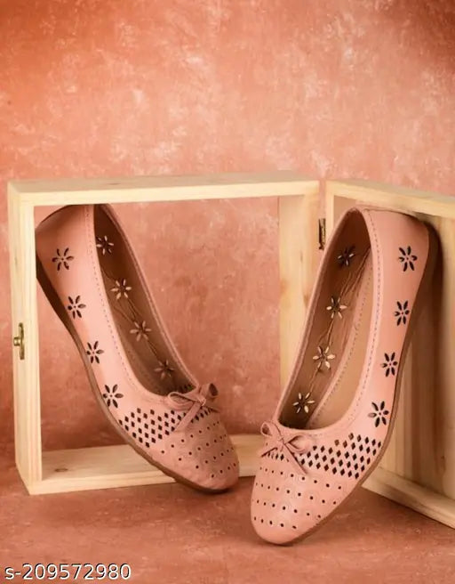 Baby Pink synthetic leather lasercut Veille Bellies flats for formal & casual wear, offering soft cushioned comfort & elevated style