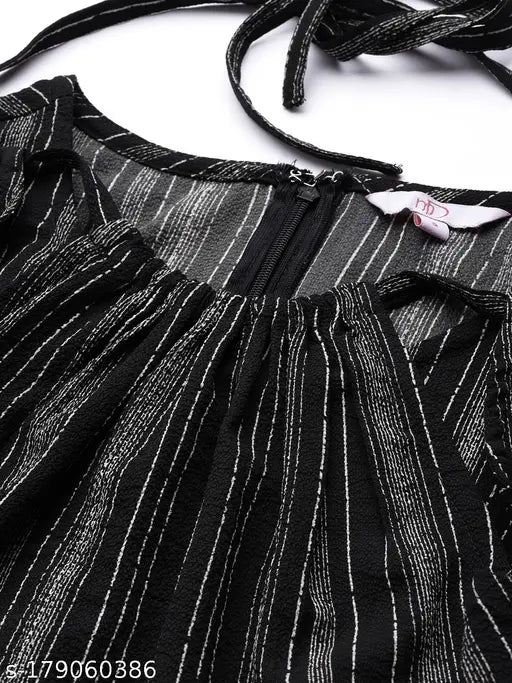 Black and white striped crepe jumpsuit for women, three-quarter sleeves, round neck, size S (Bust: 34in, Waist: 28in, Hip: 38in)