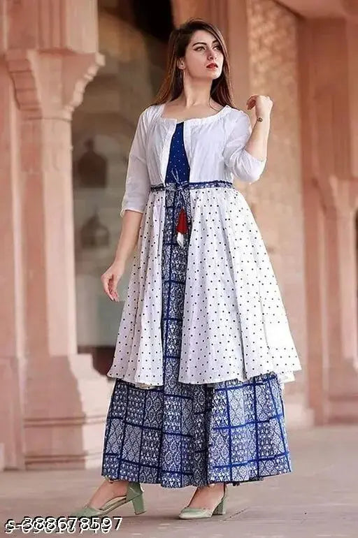 Blue printed checked rayon kurti with shrug, three-quarter sleeves - soft, stylish women's ethnic wear for regular wear, India origin