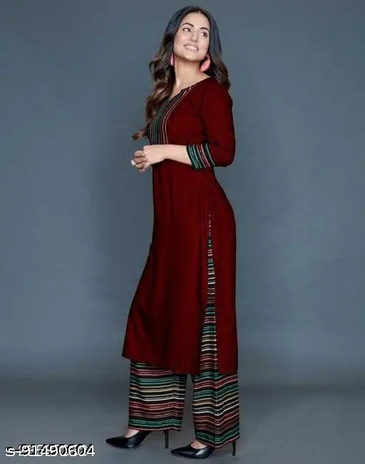 Rayon kurta palazzo set for women, printed straight Kurti with 3/4th sleeves and round neck, Indian fashion trend on a stylish woman, designed for comfort in daily life