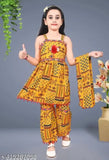 Yellow & Red mixed cotton blend palazzo pants set with sleeveless top and dupatta for girls, featuring self-design print. Comfortable ethnic wear, ideal for family occasions like weddings or festivals." (125 characters)