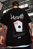 Black cotton blend t-shirt with card leader print, short sleeves, men's size L, Indian made