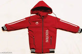 Red jacket with white hoodie string, zip closure, and emblem on chest