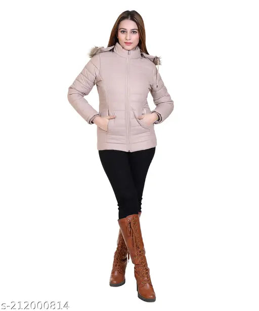 Nylon solid pattern women's winter jacket, long sleeves, India-made