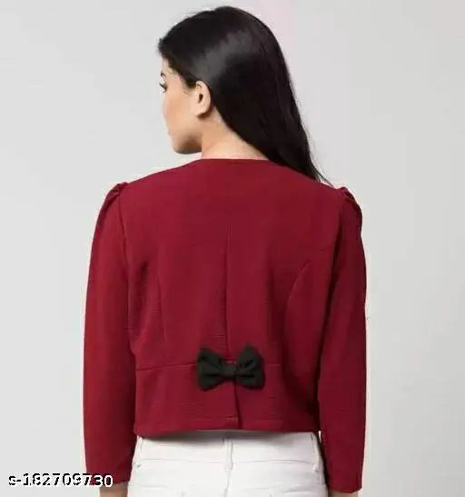 Maroon cotton blend casual Soul Essence women's bow jacket, perfect for parties or work