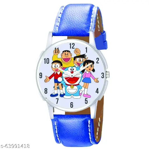 White and black analog watch with doremon family dial, blue strap