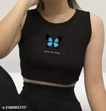 Black cut Stylish Become The Change printed round neck women's rib top in 100% cotton, sleeveless, with trendy design originating from India