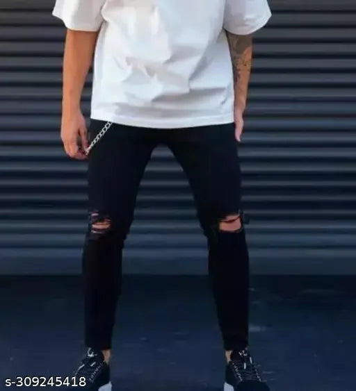 Cotton blend knee-slit black jeans for men by MOD MEN, perfect fit for sizes 28, 30, and 32