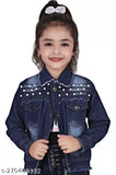 Dark denim jacket with three pockets, zip front, girl posing in it