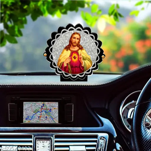 Glossy acrylic, sparkling Jesus Christ religious idol for car decor, ideal for gifts and dashboard showpiece