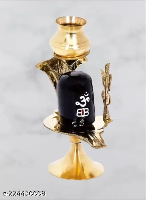 Brass Lord Shiva Lingam sculpture, 9 cm tall, set on brass stand with Trishul and Matki