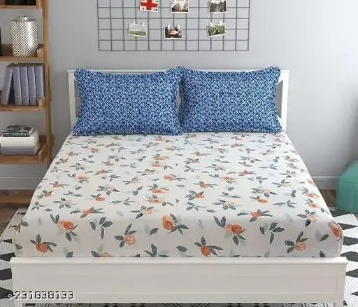 Glace Cotton premium king size fitted bedsheet with 2 pillow covers, romantic design for summer, ideal for adults. Made in India