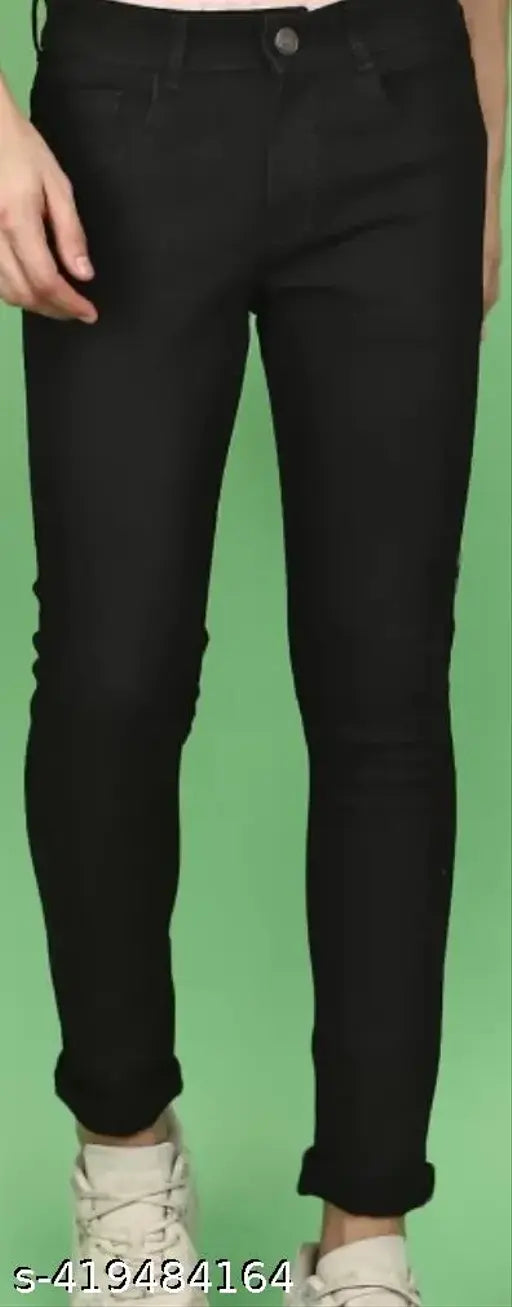 Trendy men's black skinny jeans with distressed wash