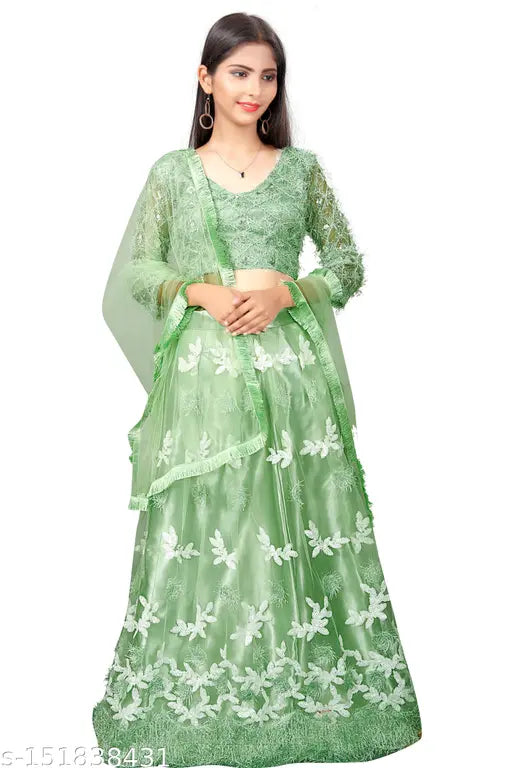 Embroidered net lehenga choli for girls aged 5-6 years, semi-stitched with aplik work. Beautiful Indian ethnic wear suitable for functions, festivals, parties, and weddings