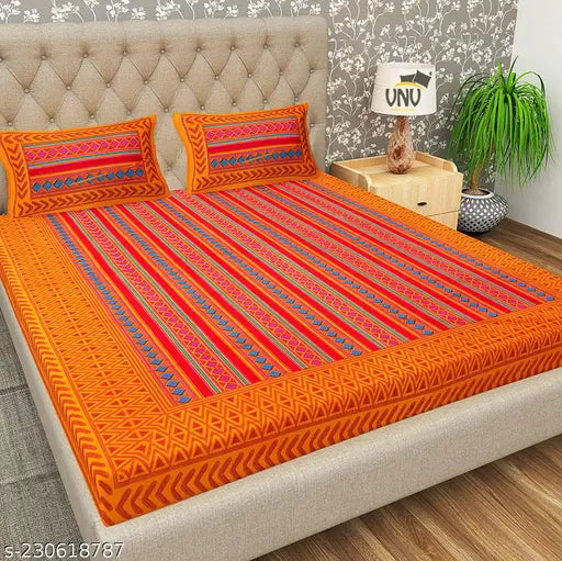 Orange cotton double bed sheet with geometric pattern, 2 pillow covers, bedroom decor.