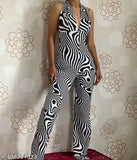 TANDUL animal print women's sleeveless jumpsuit in Lycra, vibrant pattern on fitted suit, size N from India