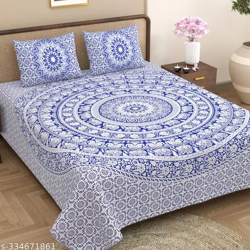 Textile Nation Hand Print 100% Pure Cotton 160 TC Bedsheet for Double Bed Queen Size with 2 Pillow Covers, Bed Sheet Size (90X100 Inches, 7.5 x 8.3 Feet)