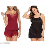 Women's trendy stylish hot & sexy baby doll dresses free size 28-36 inch, solid net night suit with spaghetti top and shorts