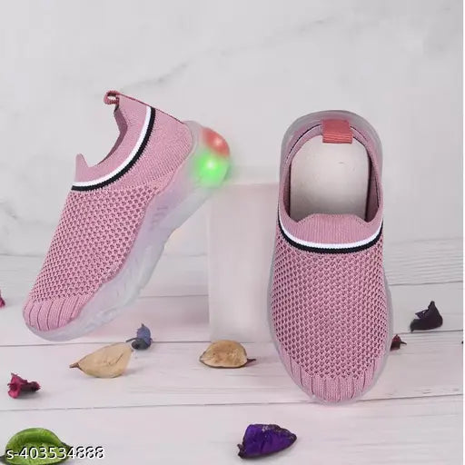 Pink and black unisex LED light-up shoes for kids, featuring white soles with blue LED lights