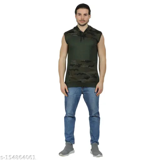 Sleeveless camouflage polyester hoodie style t-shirt for men, India-made - ideal for sports, gym, biking, and outdoor adventures