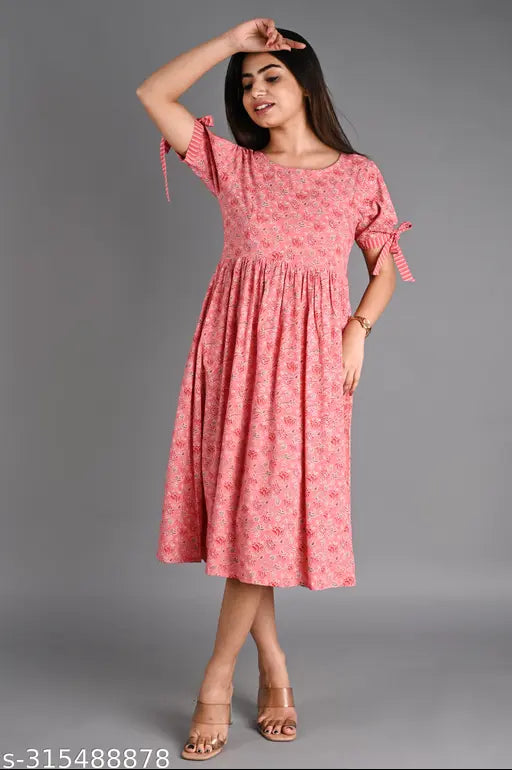 Women's rayon printed fit & flare kurta, short sleeves, single size options available from XS to XXL