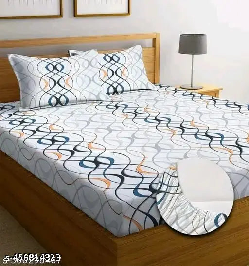 Cotton geometric-patterned elastic fitted bedsheet with two pillows covers, superfine quality for adult summer use