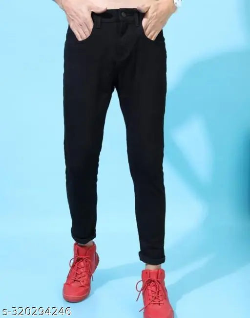 Black denim Flaying Men jeans, plain style with a 28 inch waist, 32 inch hip, and 41 inch length