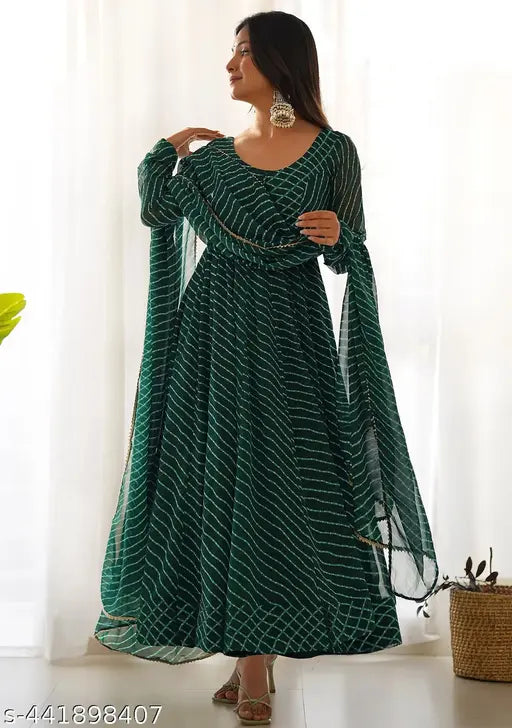 Georgette printed women's gown with dupatta, long sleeves, traditional design, vibrant colors, S-50" to XXL-53", Indian origin