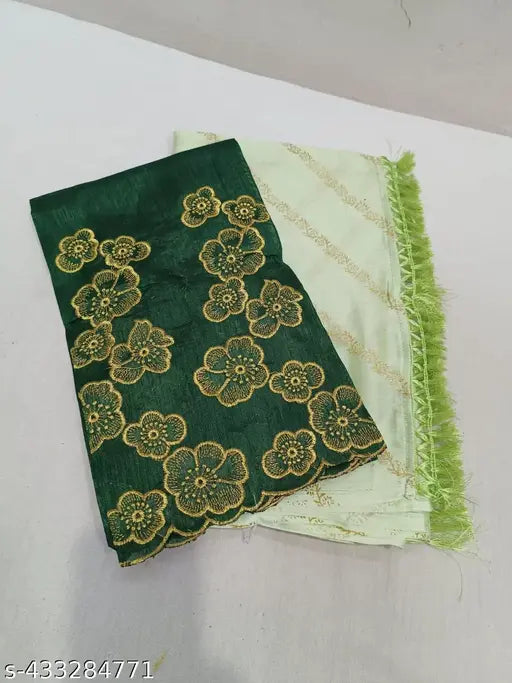 Fancy embroidered green chiffon saree blouse, intricate foil work design on satin fabric