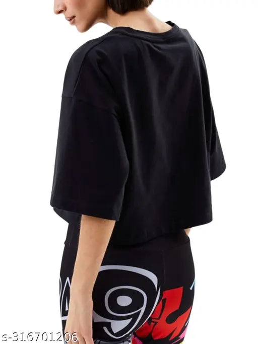 Black cotton blend round neck half sleeve crop top t-shirt for girls/women with stylish printed design, non-shrinkable and machine washable