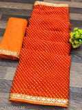 Georgette saree, light orange and yellow color pattern, featuring mothra print and embroidery work, soft georgette fabric, with intricate border designs