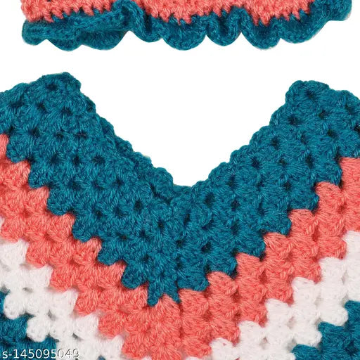 Handcrafted striped woolen poncho with cap combo for girl kid, soft yarn and stylish design, best quality, winter wear from VaishnowHand