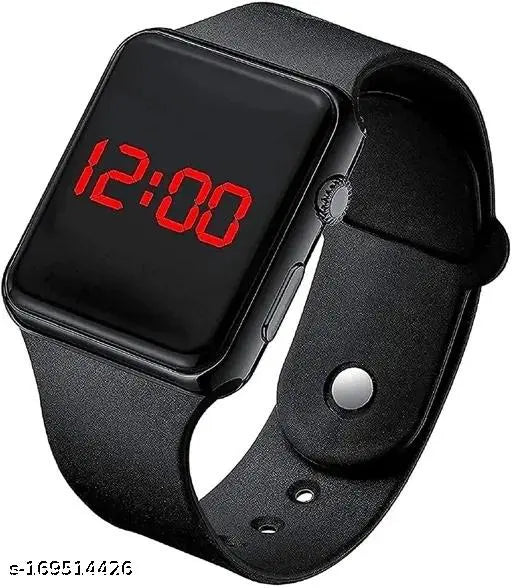 Black digital watch with red numbers and a rubber strap, 12 hour display
