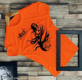 Orange lycra round neck t-shirt with Lord Shree Ram print, ideal for bada Mangal and lord Hanuman festivals