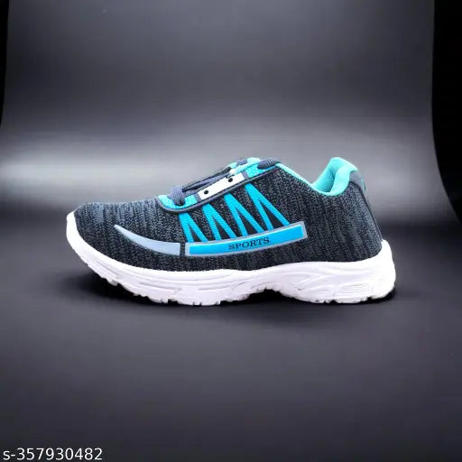 Blue and white sports shoes, knitted fabric design with blue laces