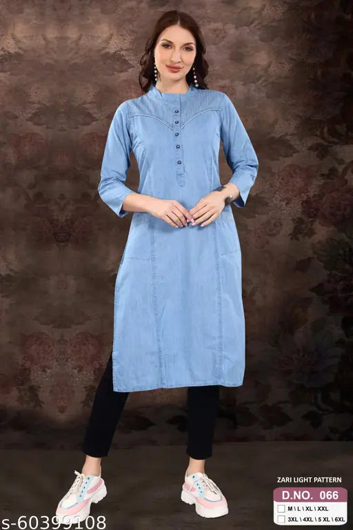 Denim pocket kurti, solid color denim for women and girls, three-quarter sleeves, handcrafted in India