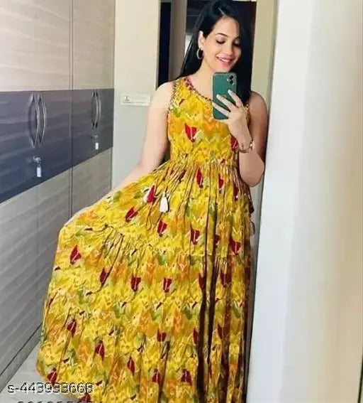Yellow cotton anarkali sleeveless kameez for women