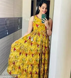 Yellow cotton anarkali sleeveless kameez for women