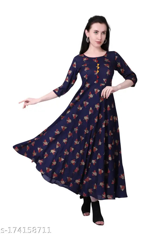Rayon printed Meesorra long kurti, three-quarter sleeves, Indian ethnic wear, available in M, L, XXXL sizes
