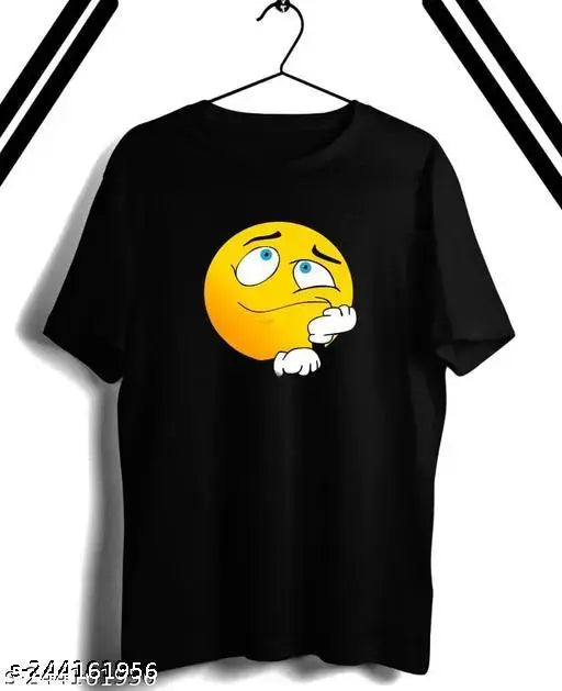 Black cotton Smile Emoji print men's T-shirt, casual summer wear with short sleeves and colorful design