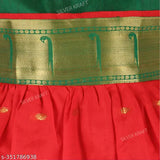 Silver Kraft baby chanderi silk printed frock dress, knee-length, short sleeves, contrasting red silk saree with golden border