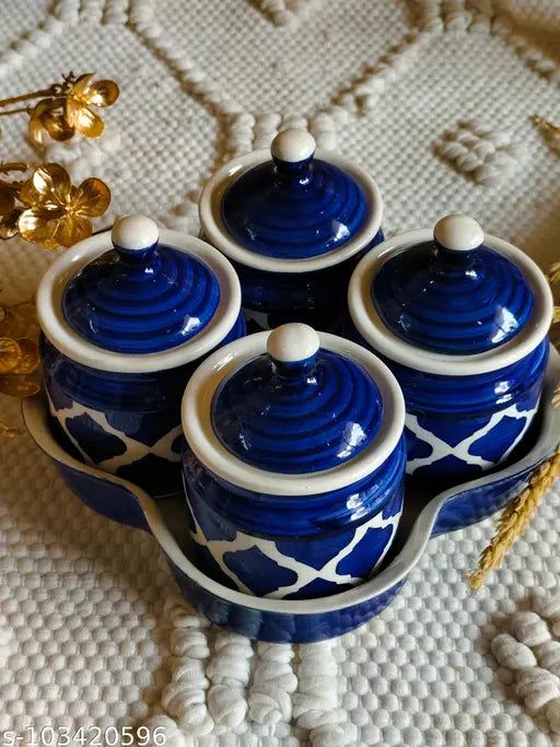 Handpainted ceramic multipurpose storage container set of 4, 500ml, airtight with lids, 4 inch size, blue color