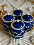 Handpainted ceramic multipurpose storage container set of 4, 500ml, airtight with lids, 4 inch size, blue color