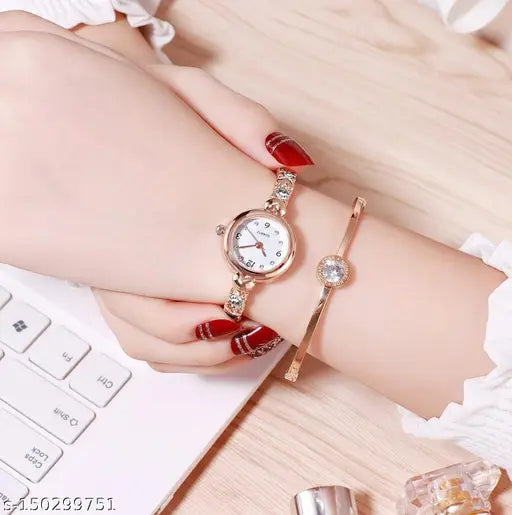 Gold stainless steel analog watch, girls' causal wristwear, rose gold case