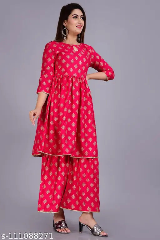 Red embroidered kurta, sharara suit set for women