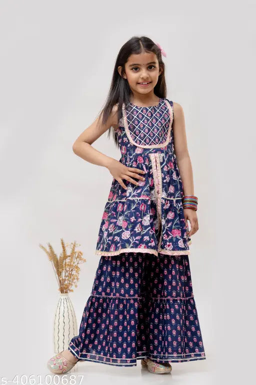 Kids girl cotton kurta sharara set, 8-9 years, printed straight calf length top with short sleeves, Indian origin