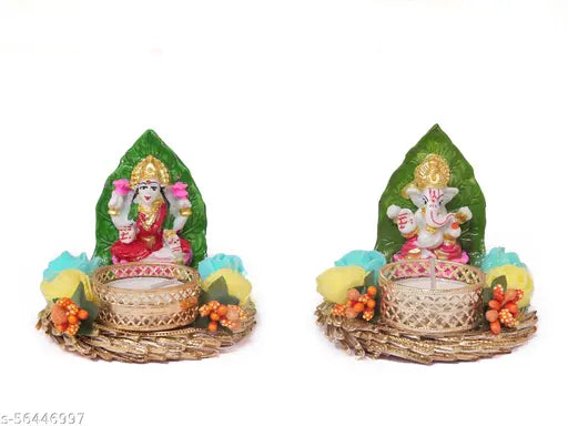 Hand-crafted poly resin Laxmi Ganesh idol with reusable wax Diya, perfect for Diwali decoration (3x3x3 inches)