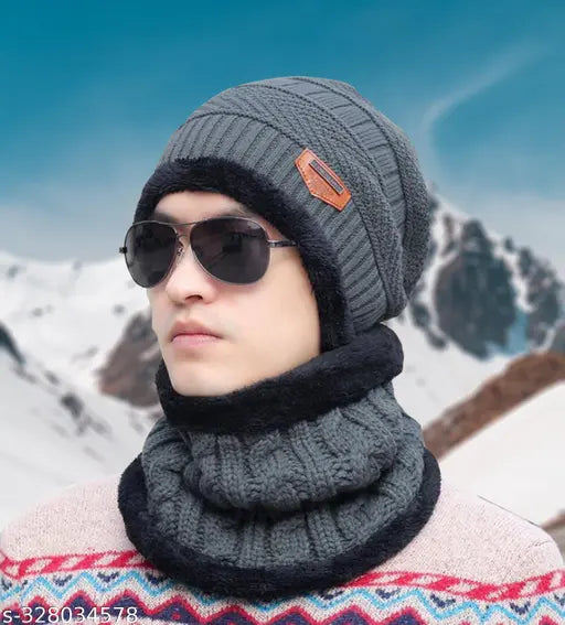 Black woolen beanie cap with neck warmer muffler - versatile winter accessory for men and women (India)